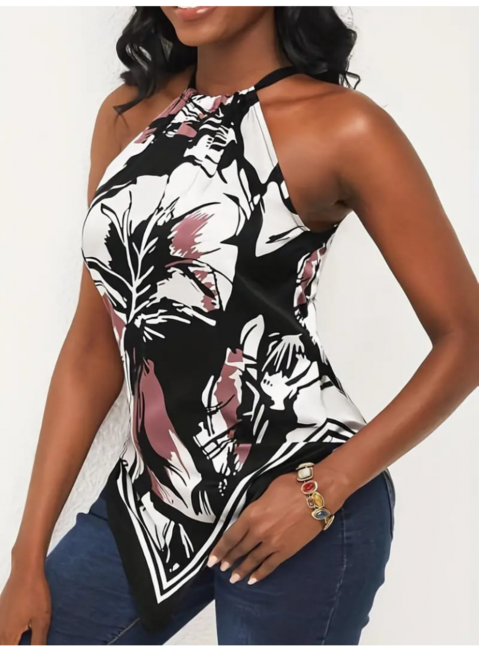 Kadın üçgen Kesim Boyundan Bağlamalı çiçek Desen Süprem Bluz