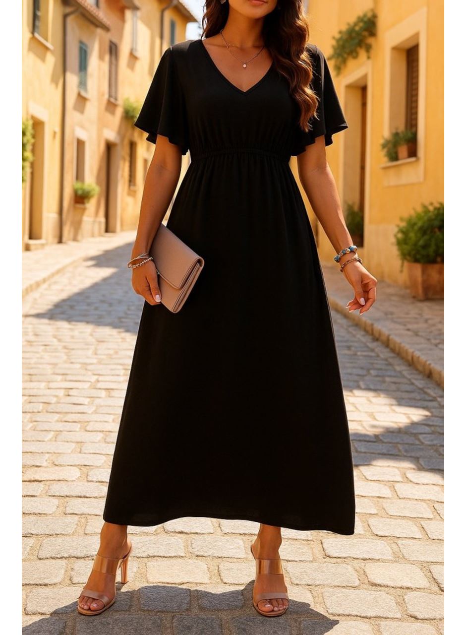 Kadın Kısa Kollu V Yakalı Beli Lastikli Uzun Viskon Elbise