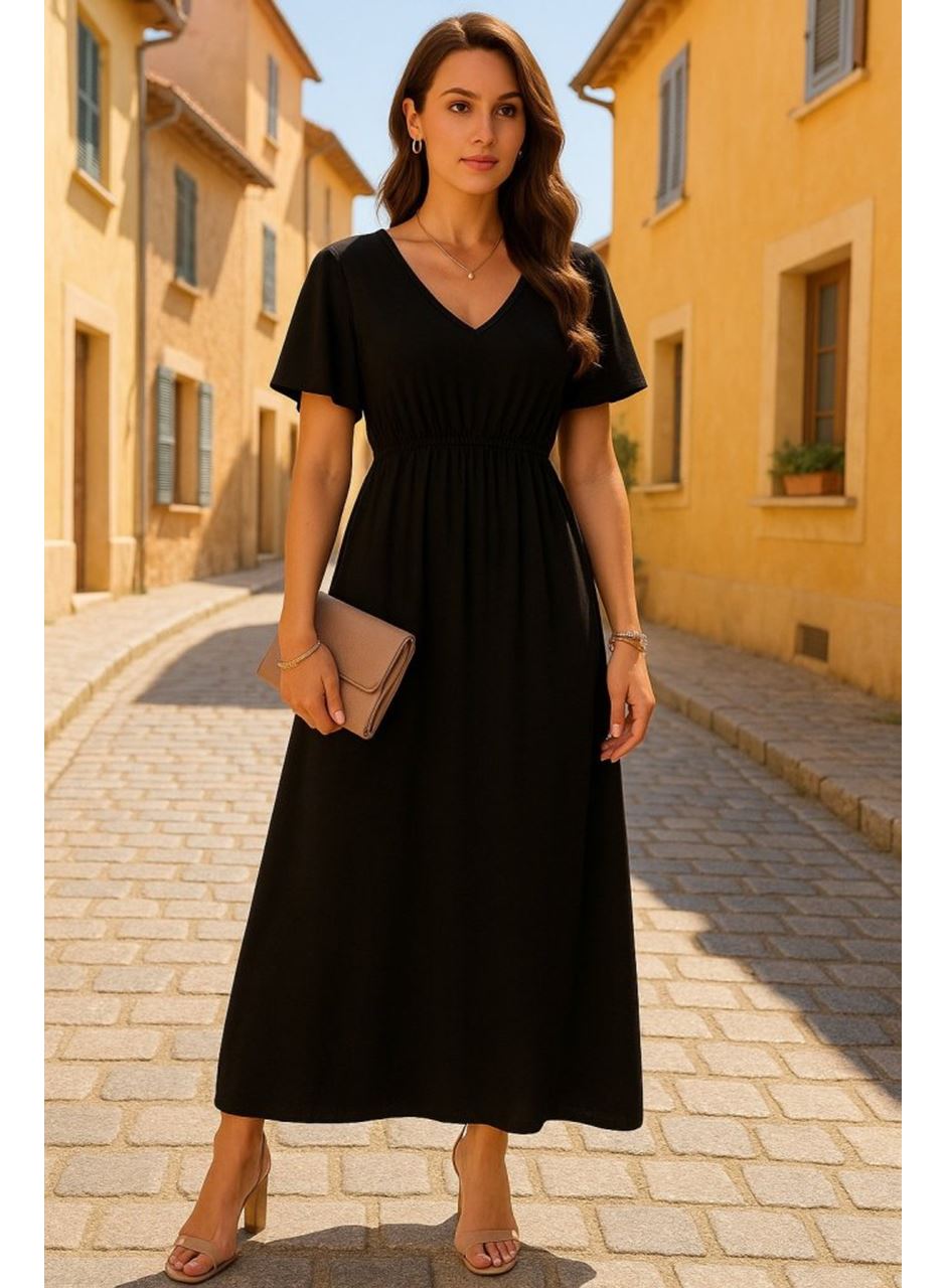 Kadın Kısa Kollu V Yakalı Beli Lastikli Uzun Viskon Elbise