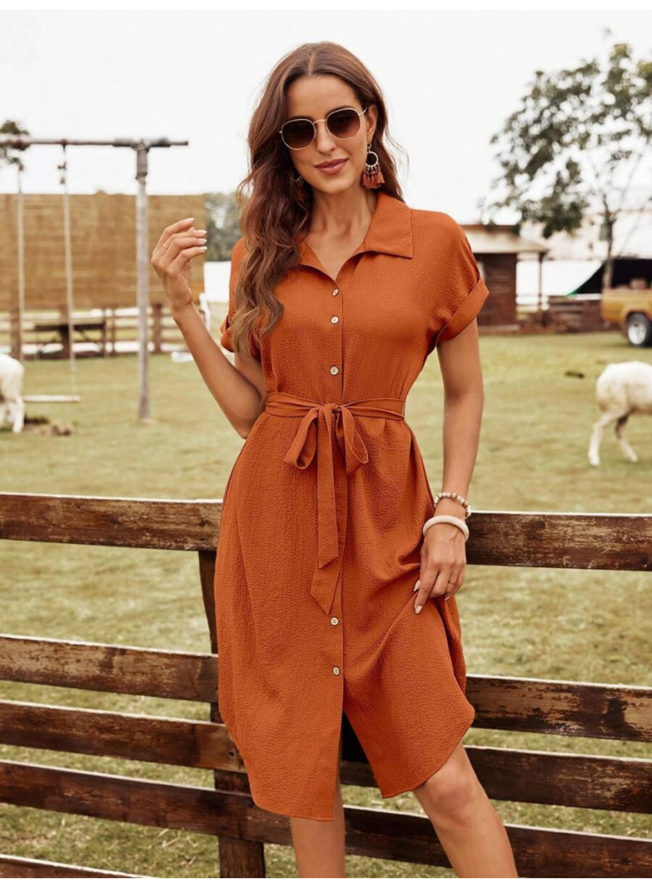 Kadın Kısa Kollu Yakalı önden Düğmeli Beli Kuşaklı Bürümcük Elbise