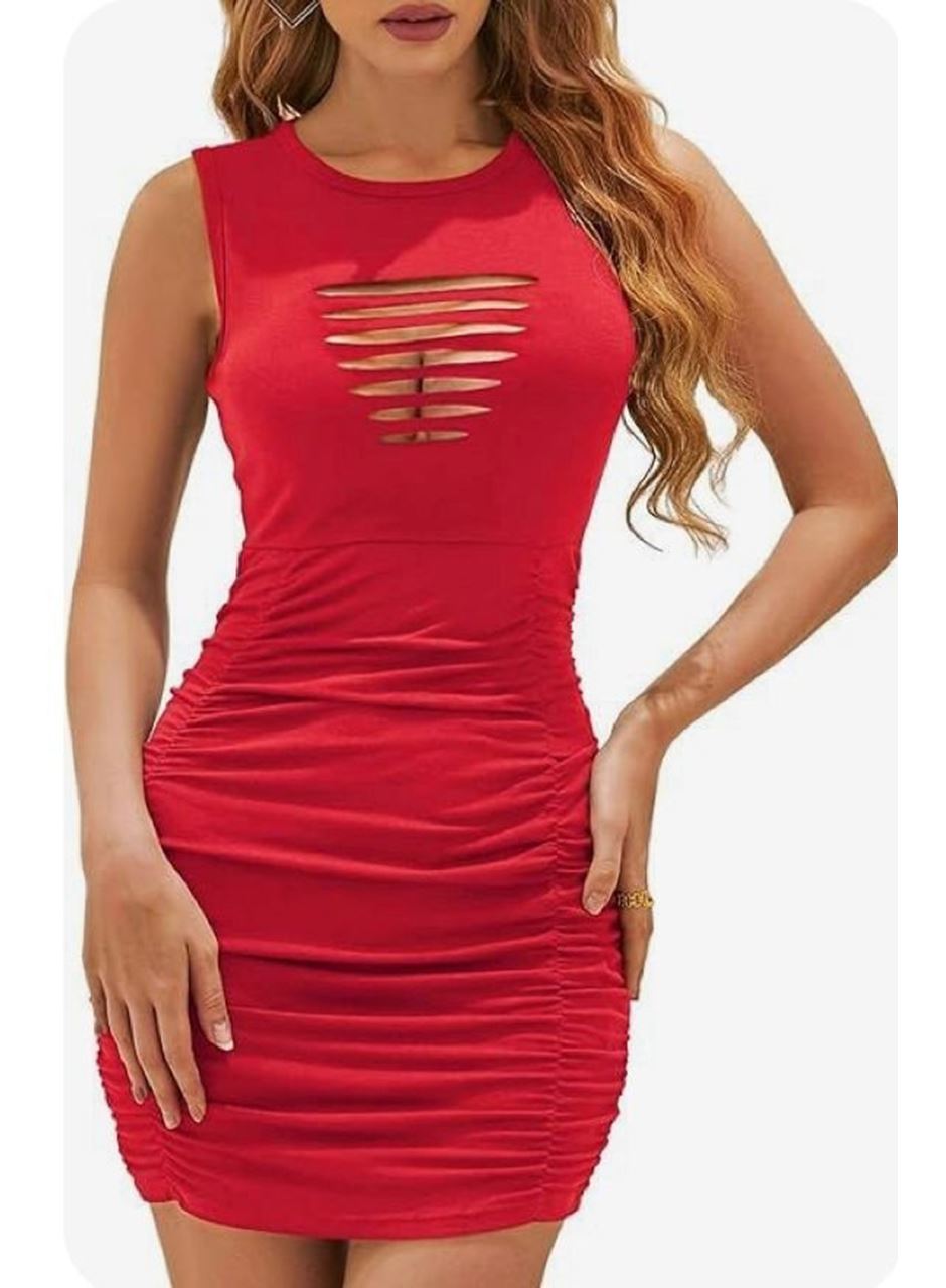 Kadın Askılı Bisiklet Yaka Lazer Dekolte Detaylı Kısa Janjan Krep Elbise