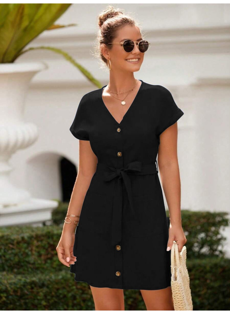 Kadın Kısa Kollu V Yakalı önden Düğmeli Belden Kuşaklı Cepli Sofya Elbise