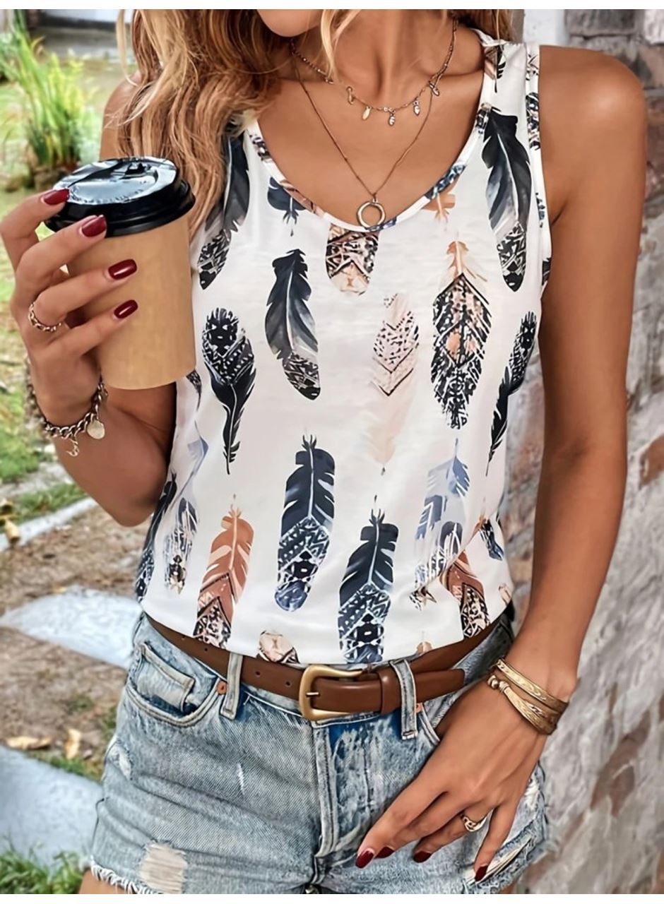 Kadın Sıfır Kollu V Yakalı Yaprak Desenli Süprem Bluz