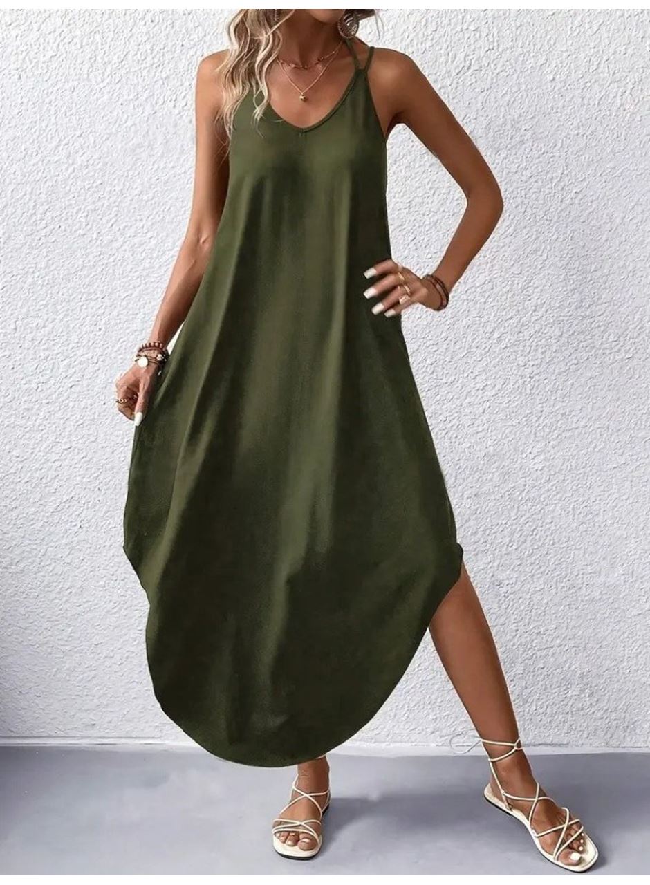 Kadın Askılı V Yakalı Uzun Viskon Elbise