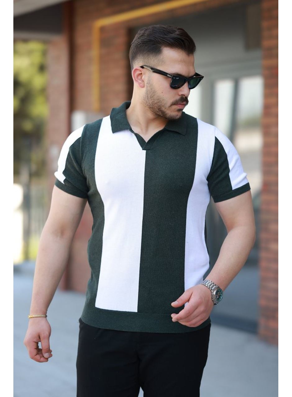 Erkek Kısa Kollu Polo Yakalı Blok Desenli Triko Tişört