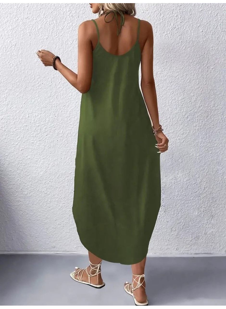 Kadın Askılı V Yakalı Uzun Viskon Elbise