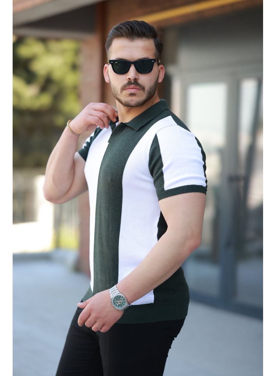 Erkek Kısa Kollu Polo Yakalı Blok Desenli Triko Tişört