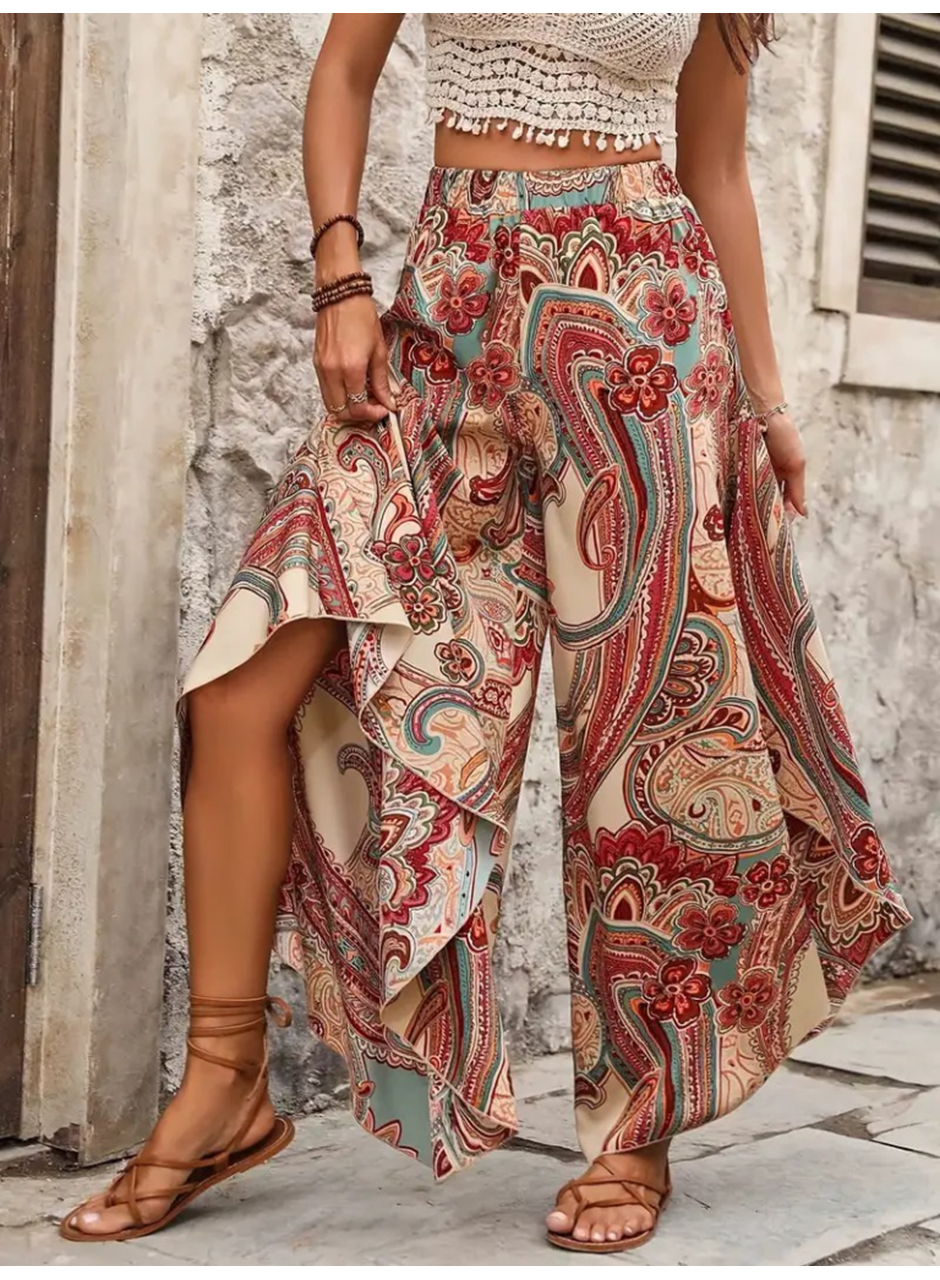 Kadın Yüksek Bel Beli Lastikli Desenli Geniş Paçalı Süprem Pantolon