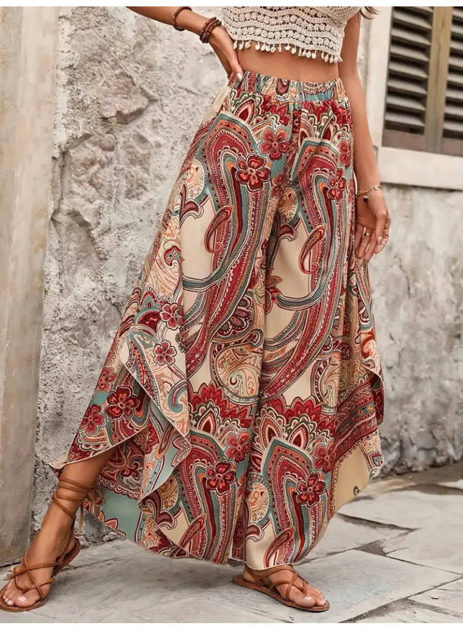 Kadın Yüksek Bel Beli Lastikli Desenli Geniş Paçalı Süprem Pantolon