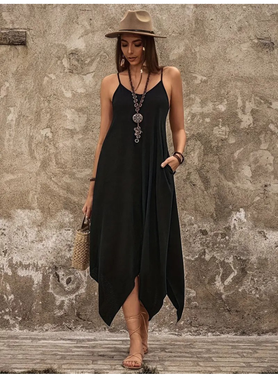 Kadın Askılı V Yakalı Cep Detaylı Asimetrik Kesim Detaylı Viskon Elbise