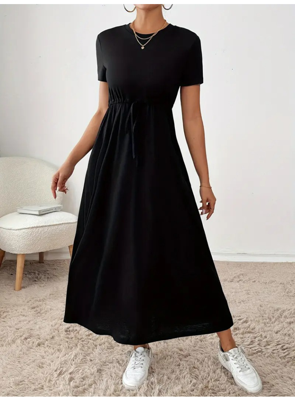 Kadın Kısa Kollu Bisiklet Yaka Belden Bağcıklı Cepli Viskon Elbise