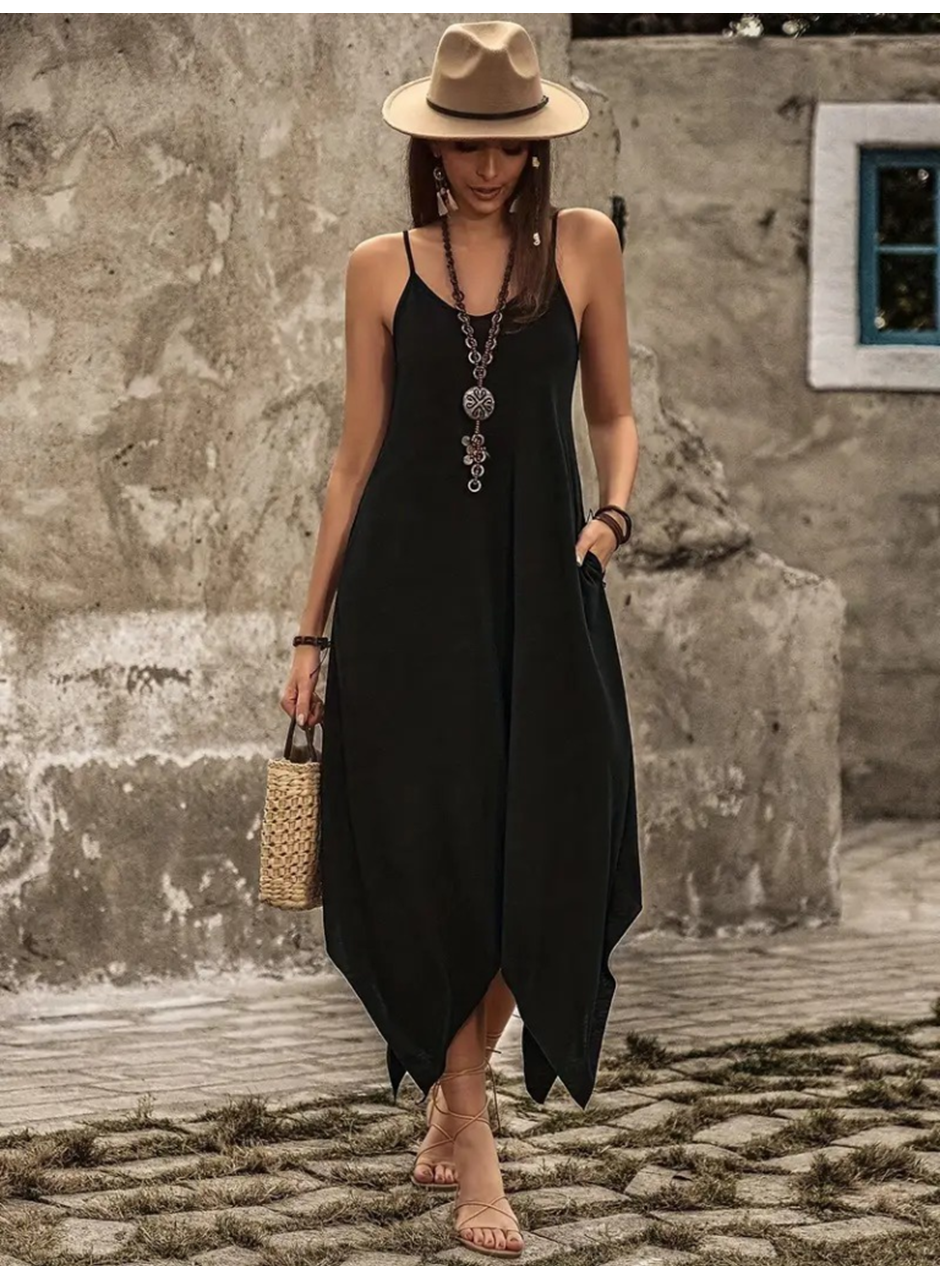 Kadın Askılı V Yakalı Cep Detaylı Asimetrik Kesim Detaylı Viskon Elbise