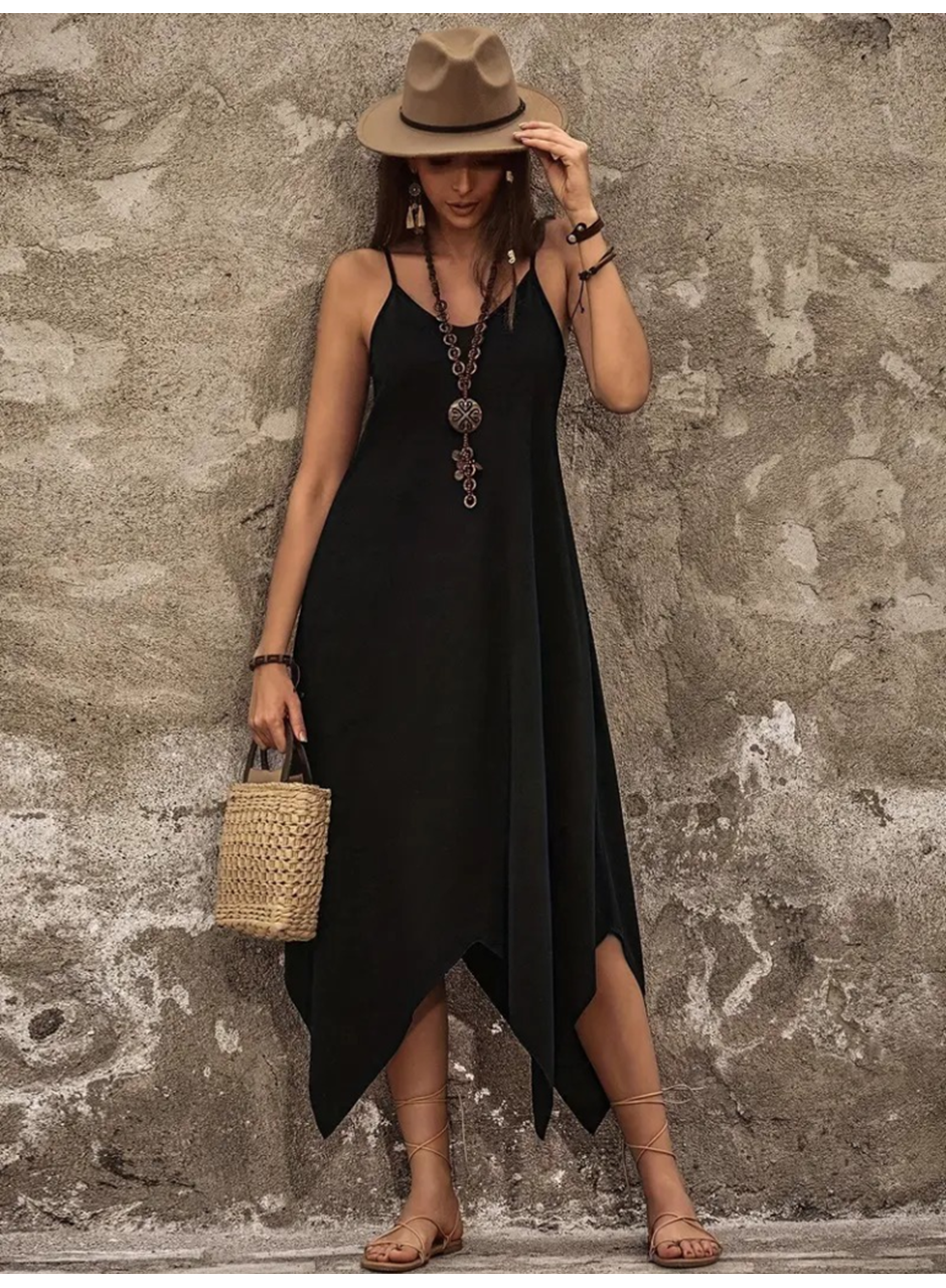 Kadın Askılı V Yakalı Cep Detaylı Asimetrik Kesim Detaylı Viskon Elbise