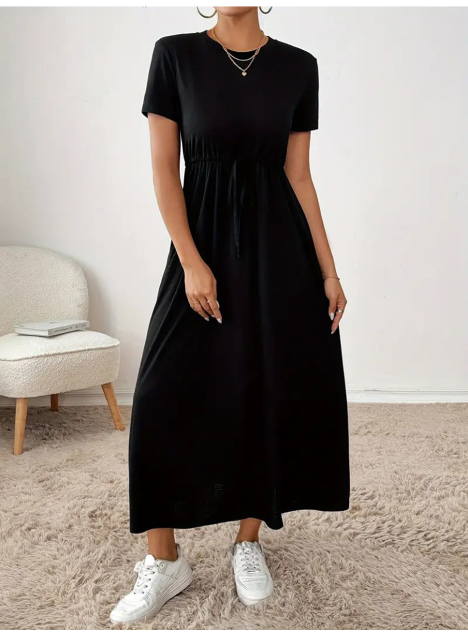 Kadın Kısa Kollu Bisiklet Yaka Belden Bağcıklı Cepli Viskon Elbise