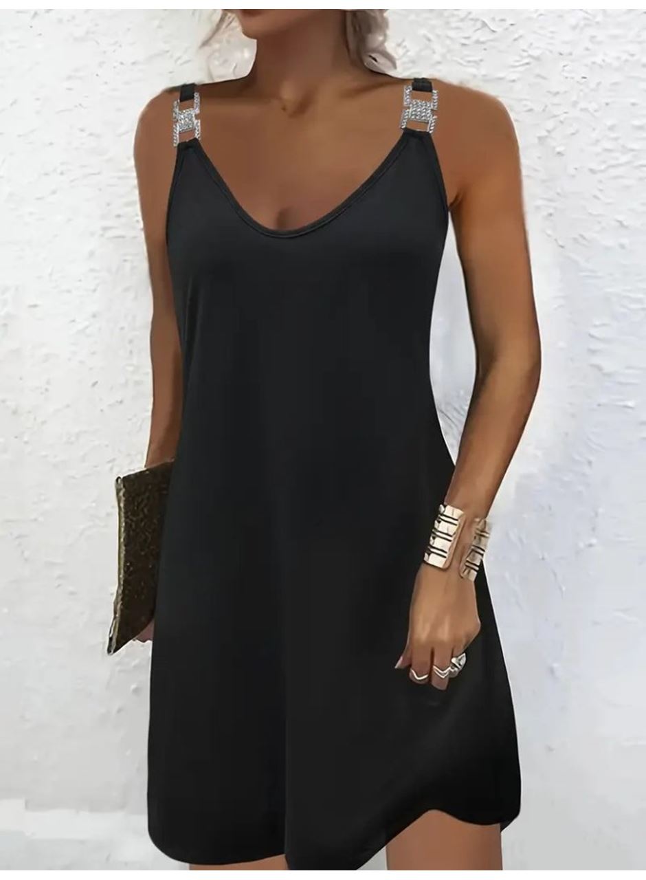 Kadın Askılı V Yakalı Toka Detaylı Janjan Krep Elbise