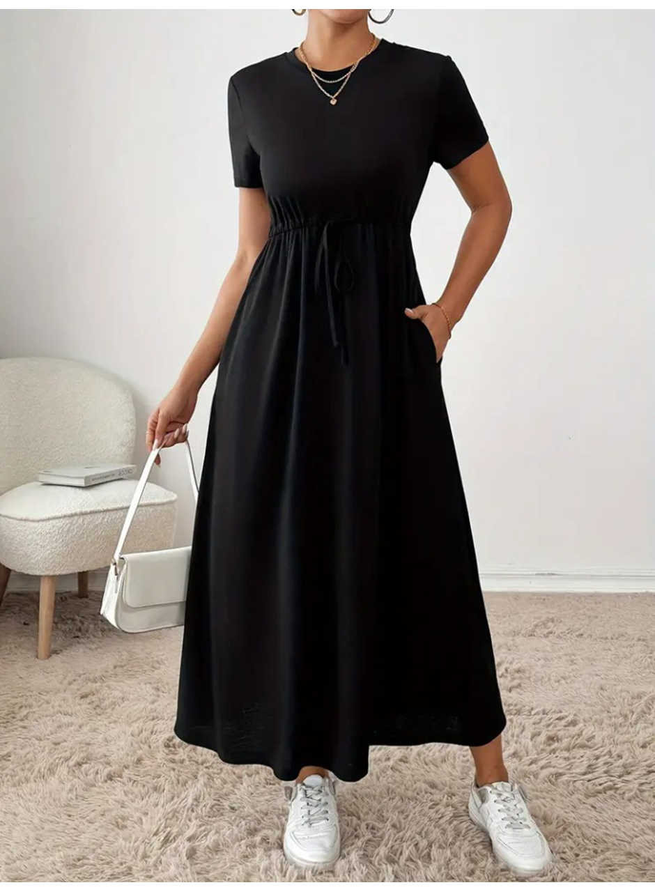 Kadın Kısa Kollu Bisiklet Yaka Belden Bağcıklı Cepli Viskon Elbise