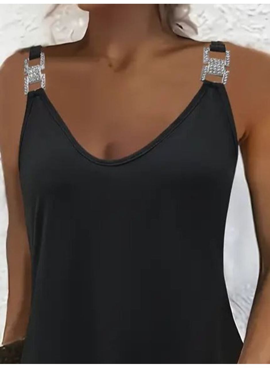 Kadın Askılı V Yakalı Toka Detaylı Janjan Krep Elbise