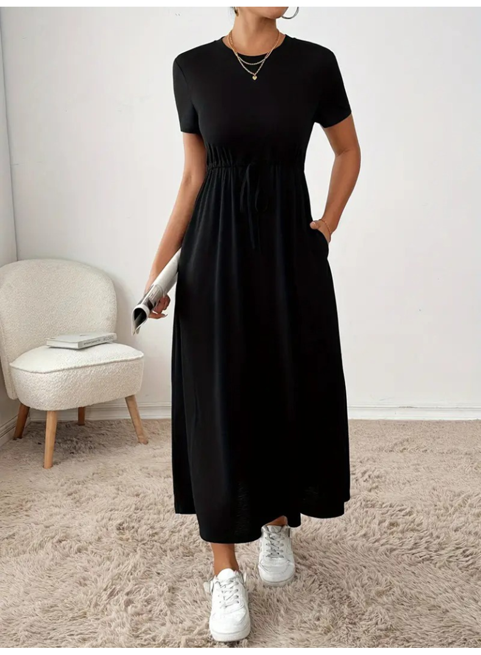 Kadın Kısa Kollu Bisiklet Yaka Belden Bağcıklı Cepli Viskon Elbise