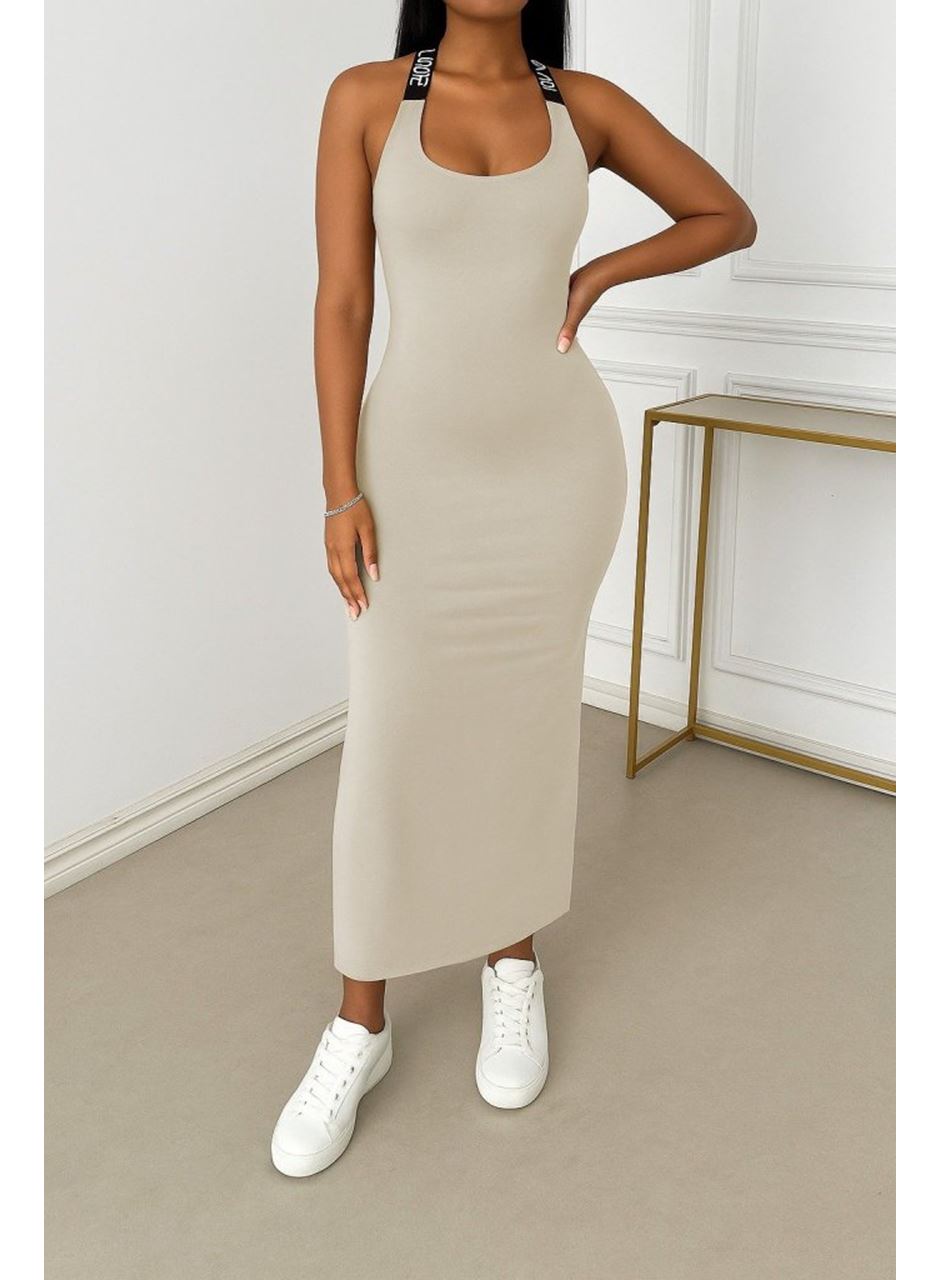 Kadın Yuvarlak Yaka Sırttan çapraz şerit Love Detaylı Yırtmaçlı Viskon Elbise