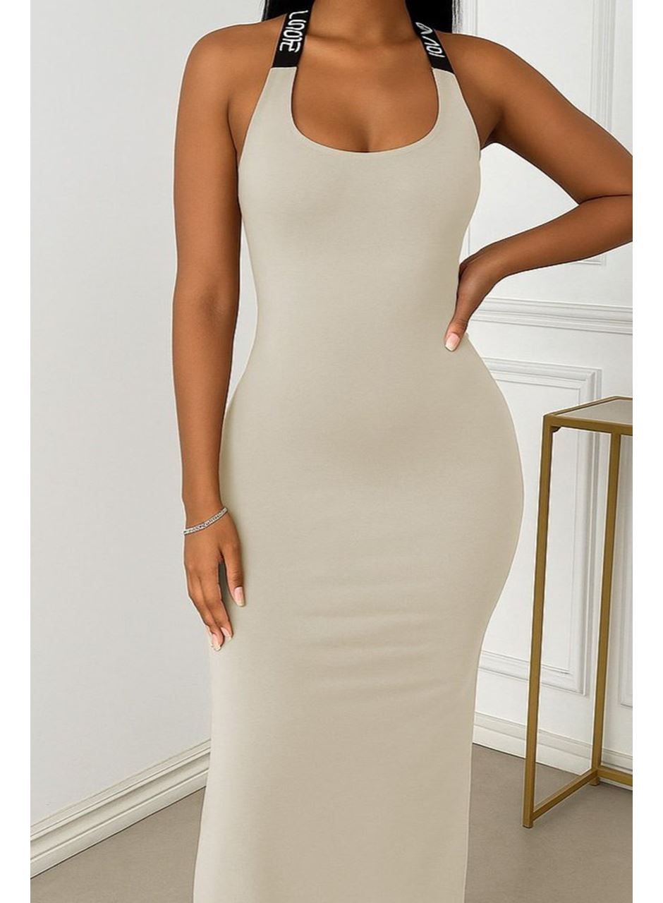 Kadın Yuvarlak Yaka Sırttan çapraz şerit Love Detaylı Yırtmaçlı Viskon Elbise