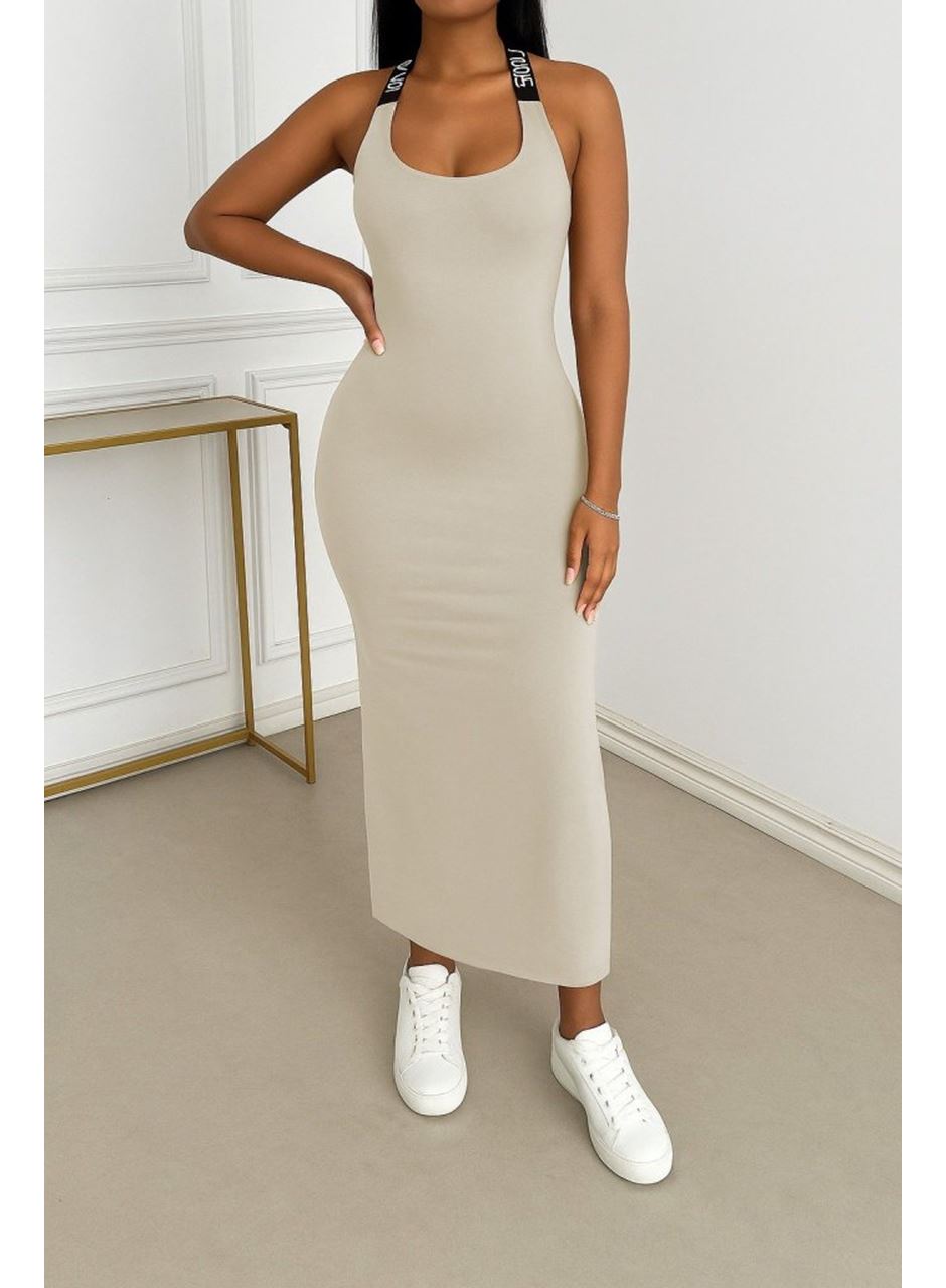 Kadın Yuvarlak Yaka Sırttan çapraz şerit Love Detaylı Yırtmaçlı Viskon Elbise