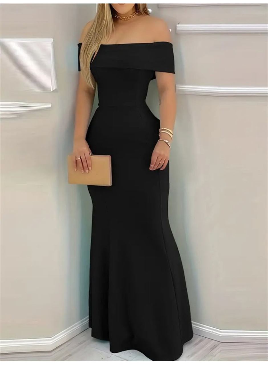 Kadın Kısa Kollu Madonna Yaka Belden Oturtmalı Uzun Ithal Krep Elbise