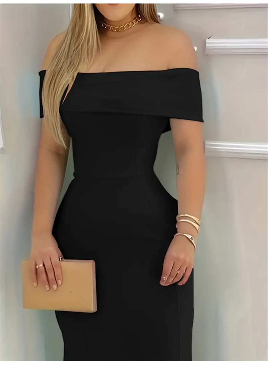 Kadın Kısa Kollu Madonna Yaka Belden Oturtmalı Uzun Ithal Krep Elbise