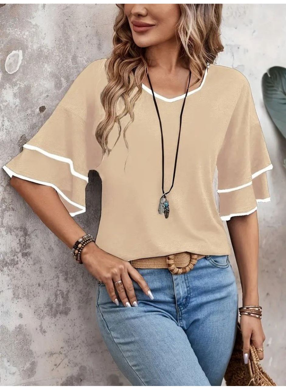 Kadın Kısa Kollu V Yakalı Viskon Bluz