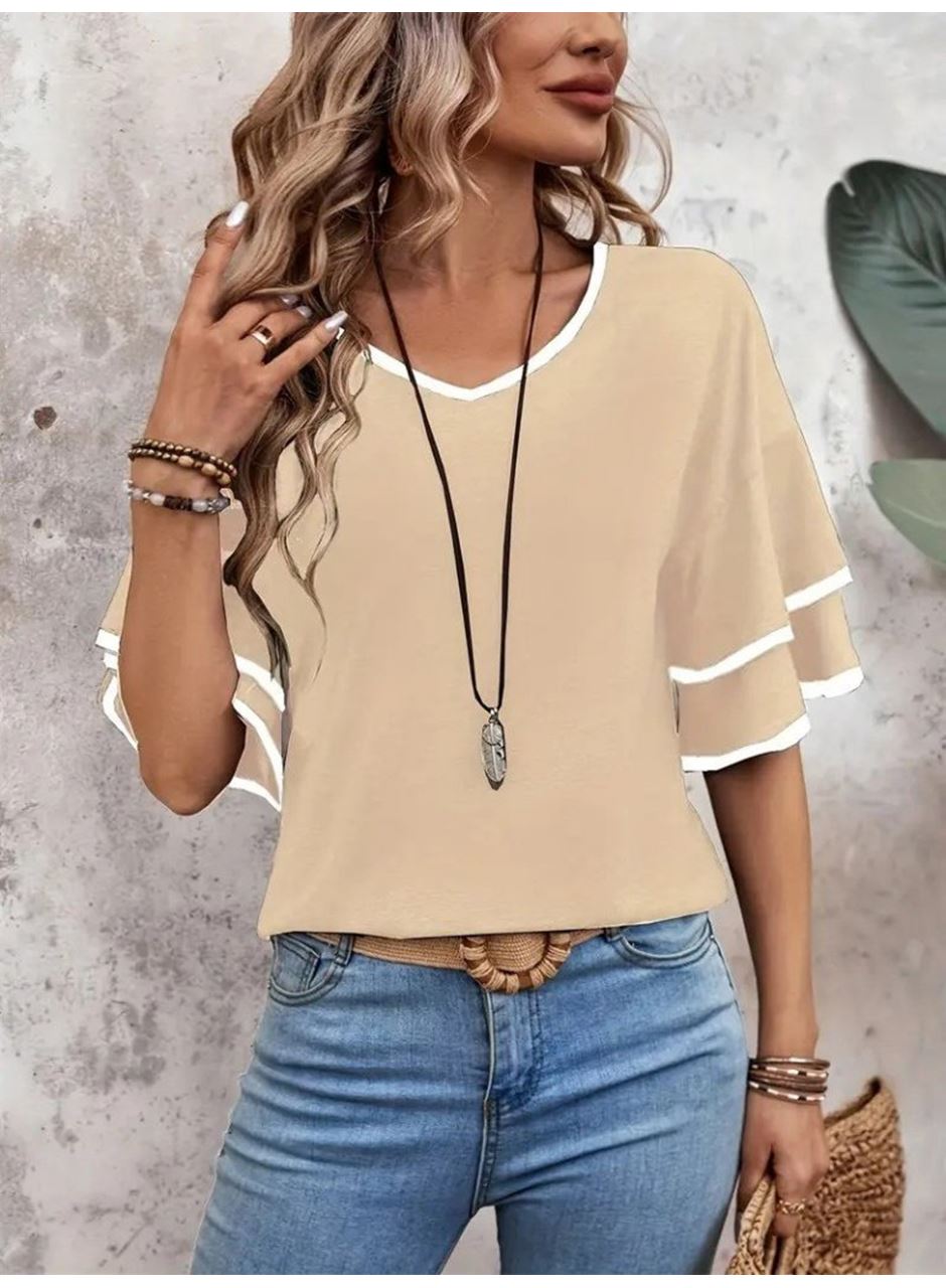 Kadın Kısa Kollu V Yakalı Viskon Bluz