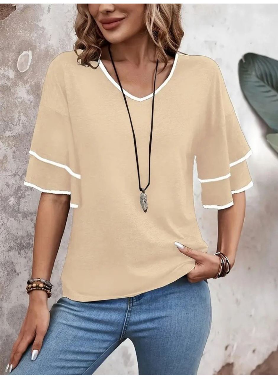 Kadın Kısa Kollu V Yakalı Viskon Bluz