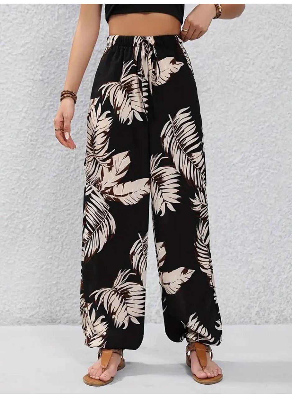 Kadın Yüksek Bel Bağcıklı Yaprak Desenli Süprem Pantolon