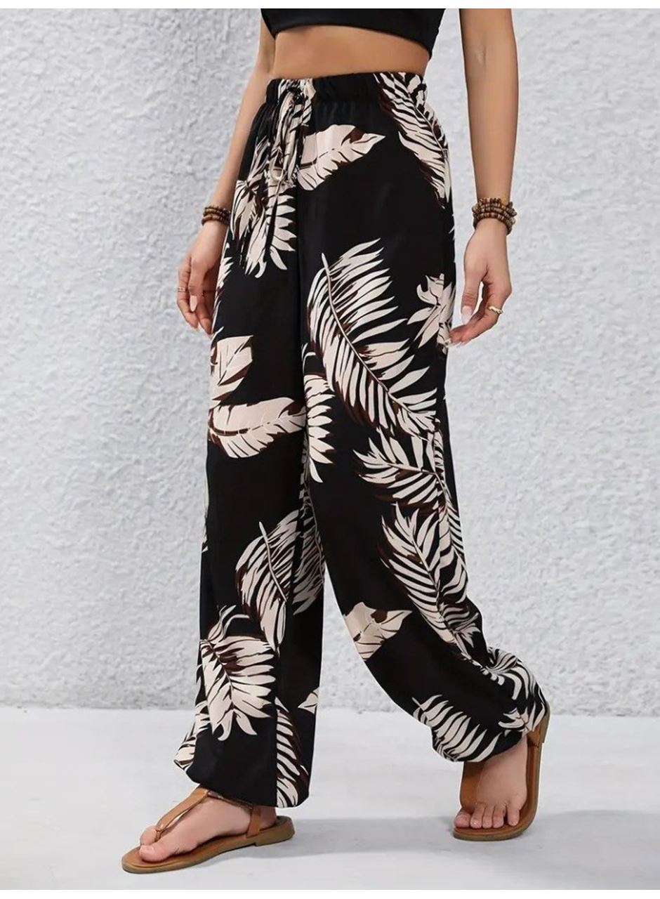 Kadın Yüksek Bel Bağcıklı Yaprak Desenli Süprem Pantolon