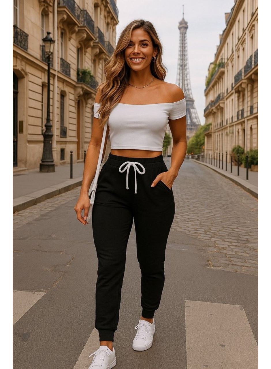 Kadın Kısa Kollu Madonna Yaka Viskon Crop Bluz Cepli Iki Iplik Eşofman Takım