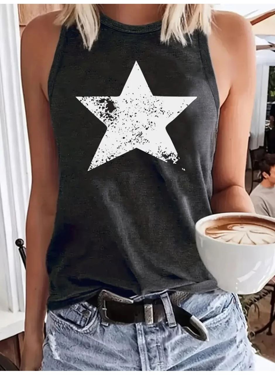 Kadın Askılı Yuvarlak Yaka Yıldız Desenli Süprem Bluz