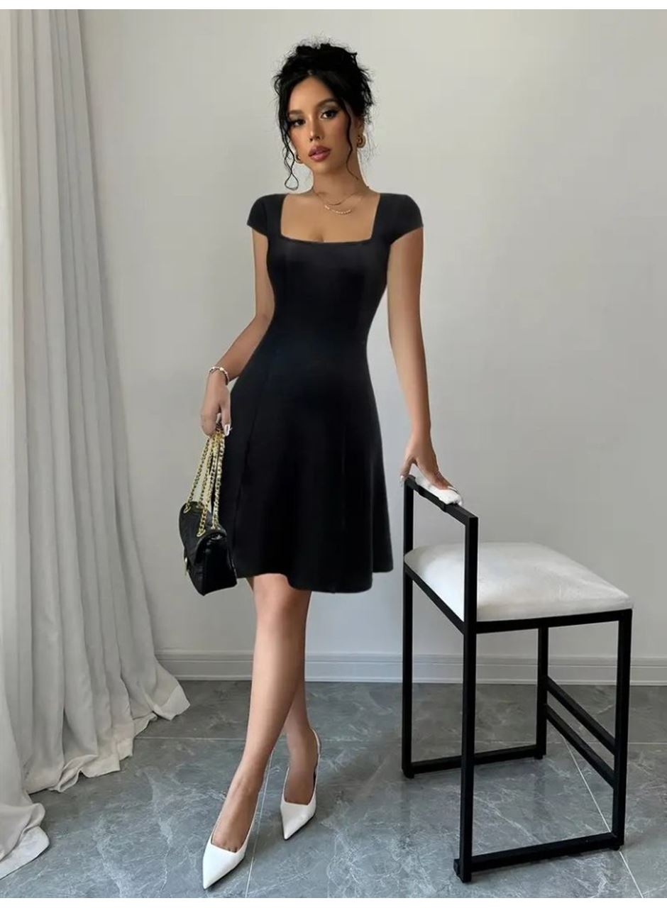 Kadın Kısa Kollu Geometrik Yakalı Janjan Krep Elbise