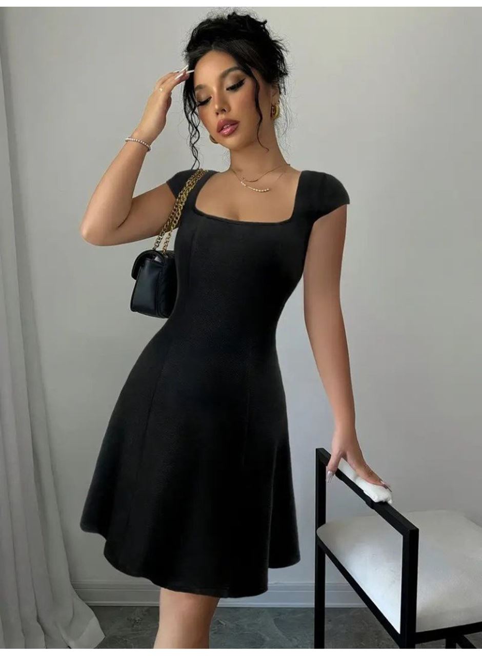 Kadın Kısa Kollu Geometrik Yakalı Janjan Krep Elbise