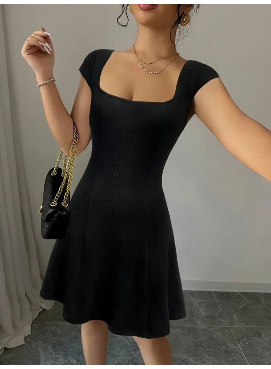 Kadın Kısa Kollu Geometrik Yakalı Janjan Krep Elbise