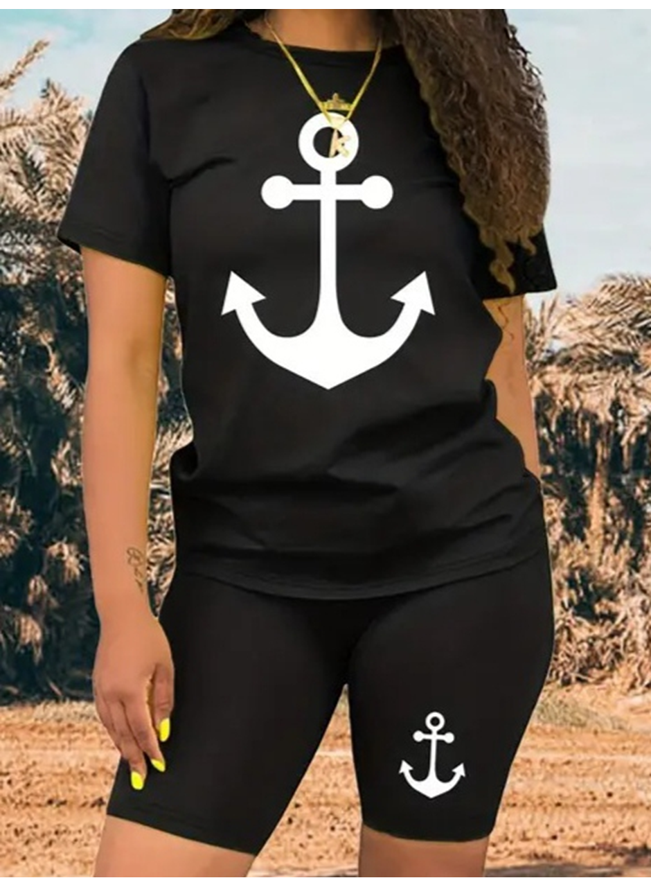 Kadın Kısa Kollu çapa Baskılı Viskon Ikili Takım