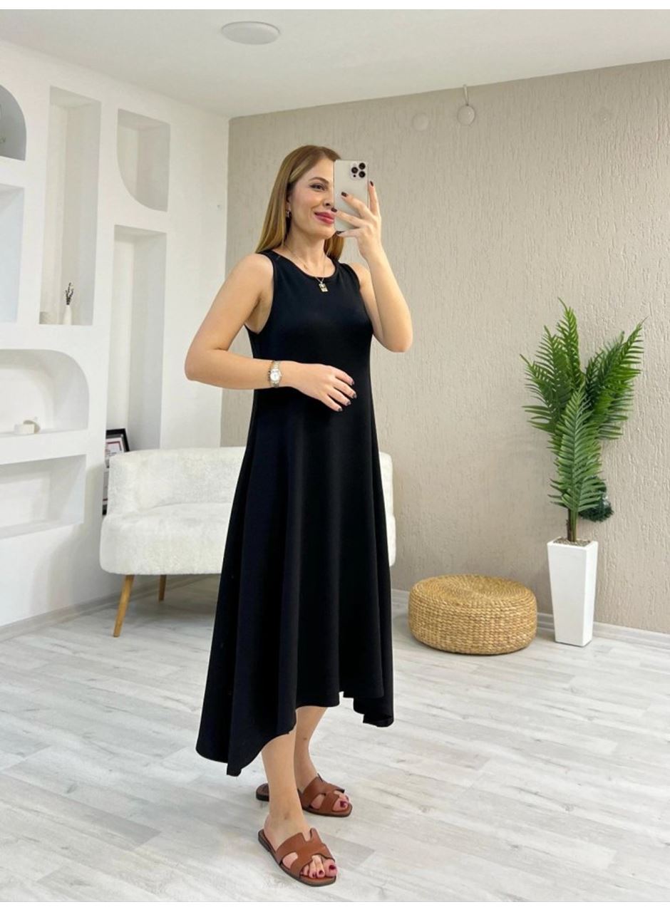 Kadın Askılı Yuvarlak Yakalı Asimetrik Kesim Detaylı Viskon Elbise