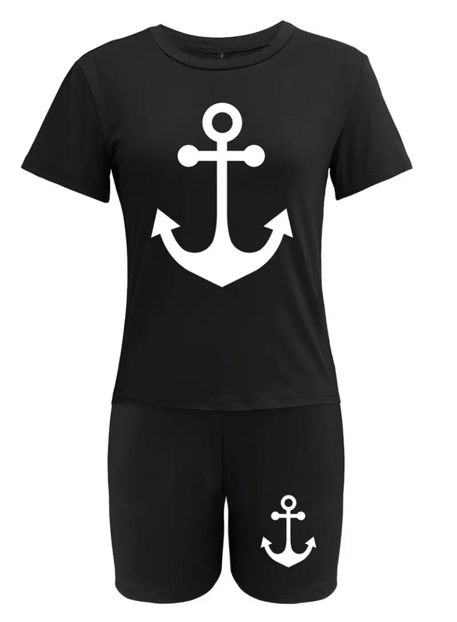 Kadın Kısa Kollu çapa Baskılı Viskon Ikili Takım