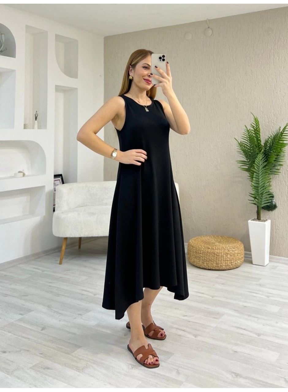 Kadın Askılı Yuvarlak Yakalı Asimetrik Kesim Detaylı Viskon Elbise