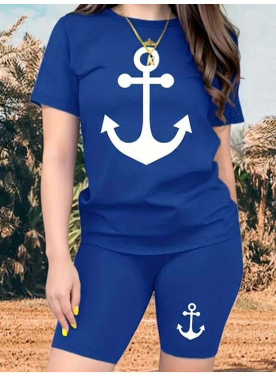 Kadın Kısa Kollu çapa Baskılı Viskon Ikili Takım