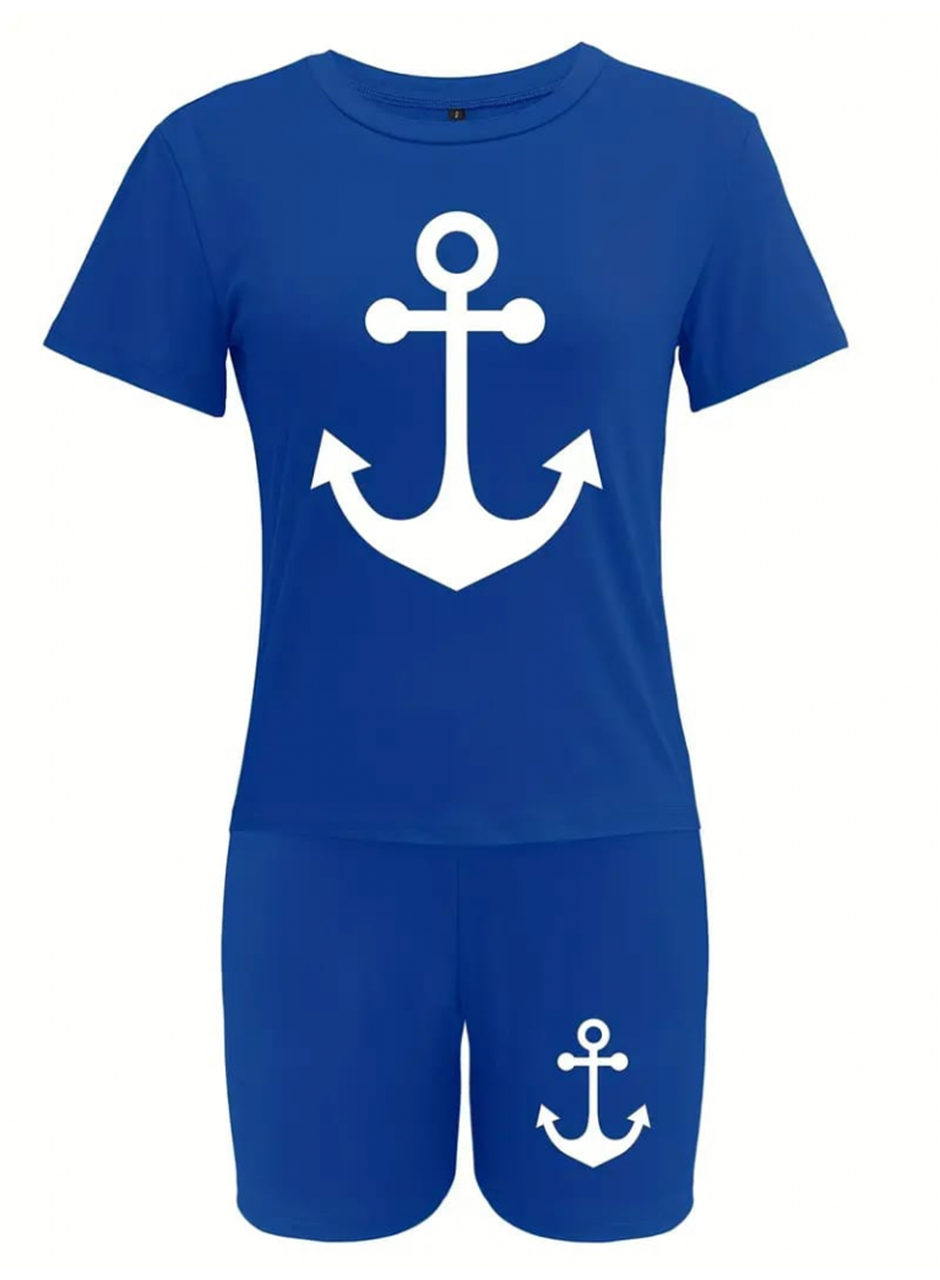 Kadın Kısa Kollu çapa Baskılı Viskon Ikili Takım