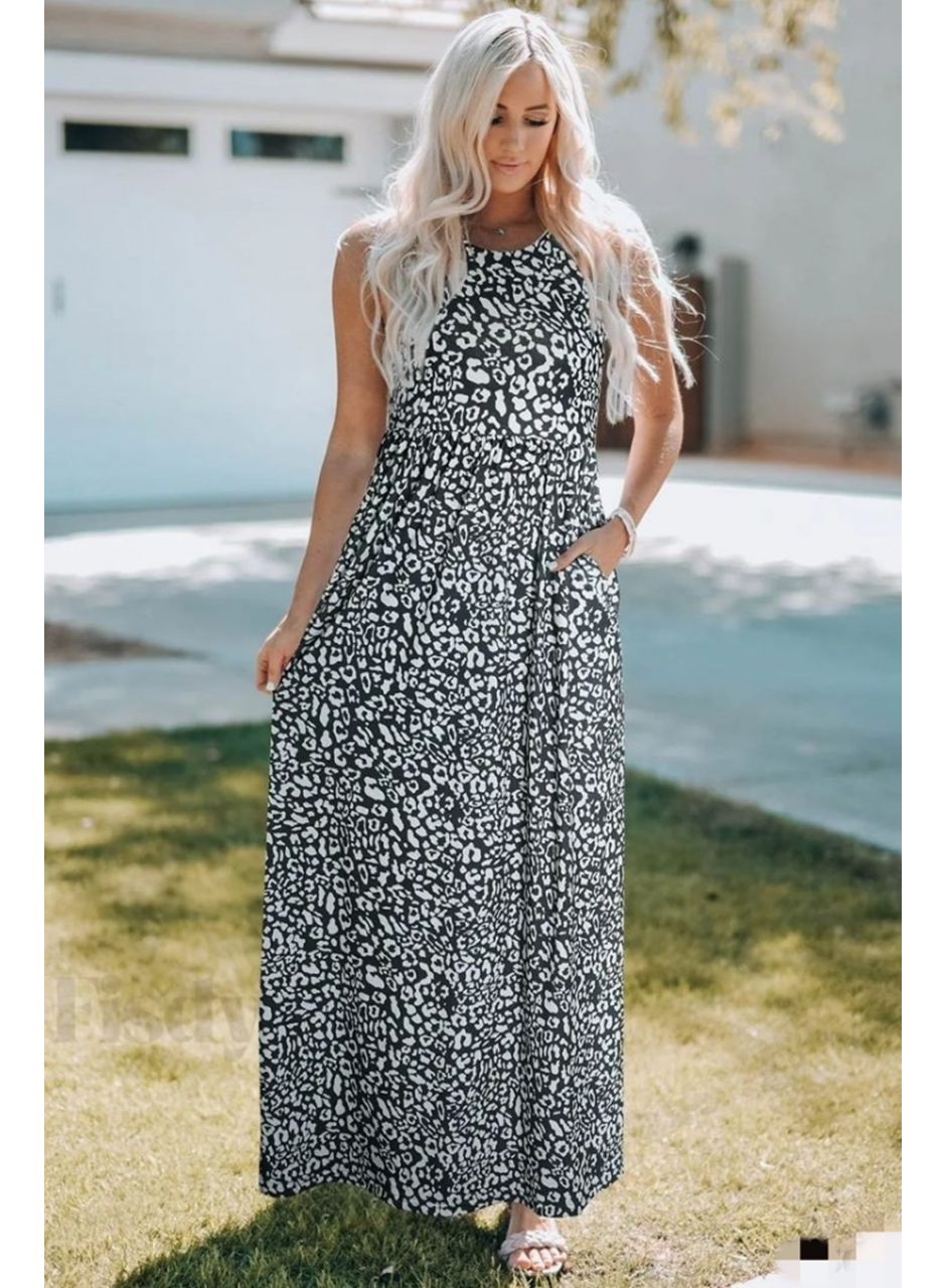 Kadın Kalın Askılı Yuvarlak Yaka Cepli Süprem Maksi Elbise