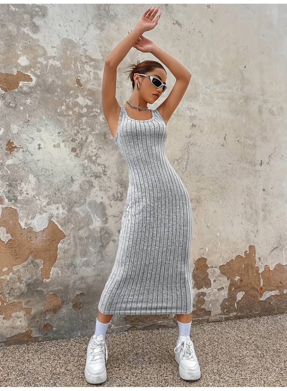 Kadın Kalın Askılı Kare Yaka Fitilli Kaşkorse Midi Boy Elbise