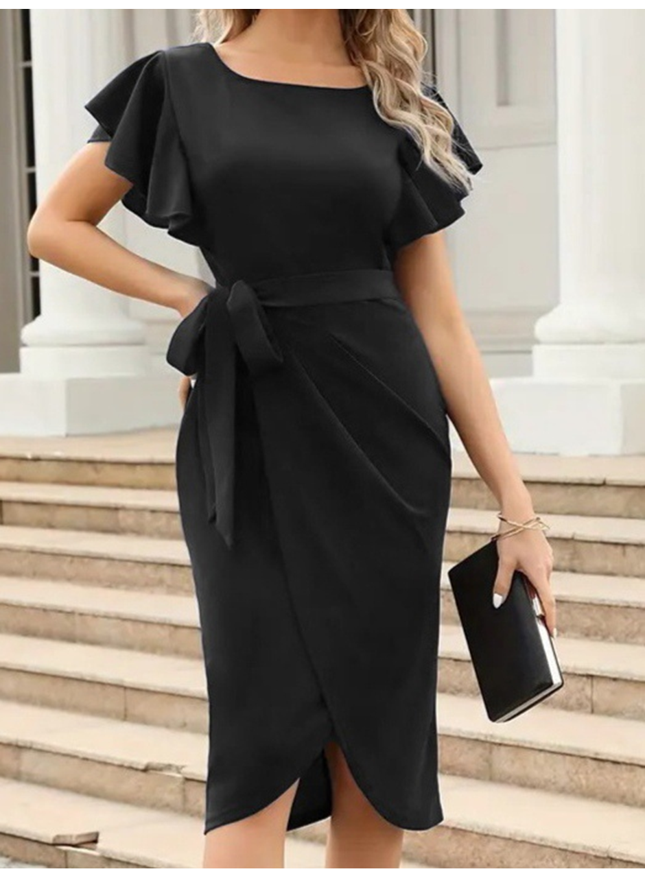 Kadın Kısa Fırfır Kollu Yakası Açık Belden Kuşaklı çapraz Kesim Detaylı Ithal Krep Elbise