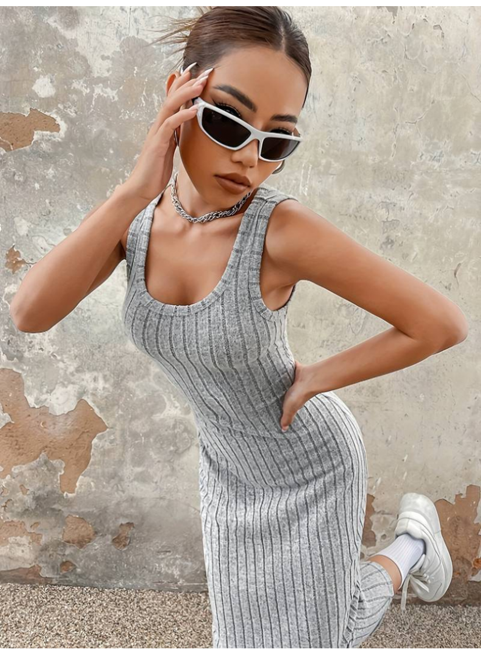 Kadın Kalın Askılı Kare Yaka Fitilli Kaşkorse Midi Boy Elbise