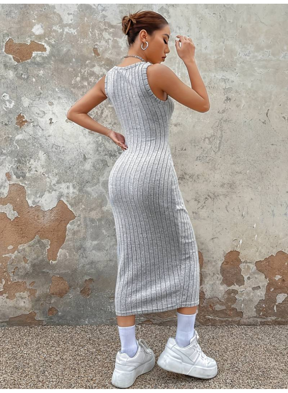 Kadın Kalın Askılı Kare Yaka Fitilli Kaşkorse Midi Boy Elbise