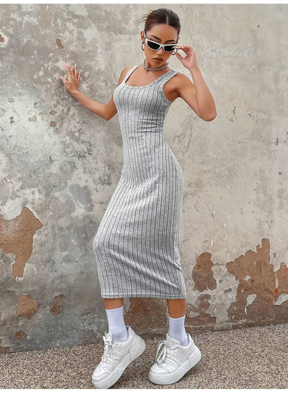 Kadın Kalın Askılı Kare Yaka Fitilli Kaşkorse Midi Boy Elbise