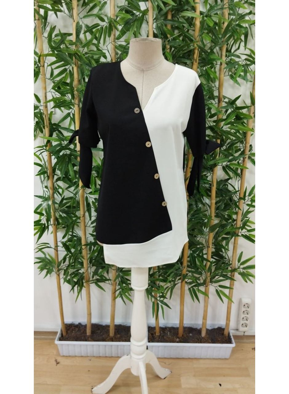 Kadın Kısa Kollu Kollardan Bağlamalı önden Asimetrik Kesim çift Renk Detaylı Düğmeli Ithal Krep Bluz